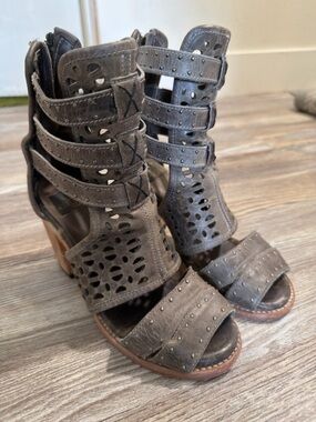 freebird Taupe Cutout Strappy Block Heel Sandals